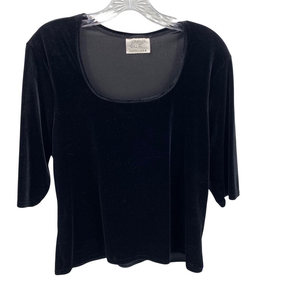 Kathie Lee Collection Womens Black Velvet Scoop Neck 3/4 Sleeve Blouse Top Y2K